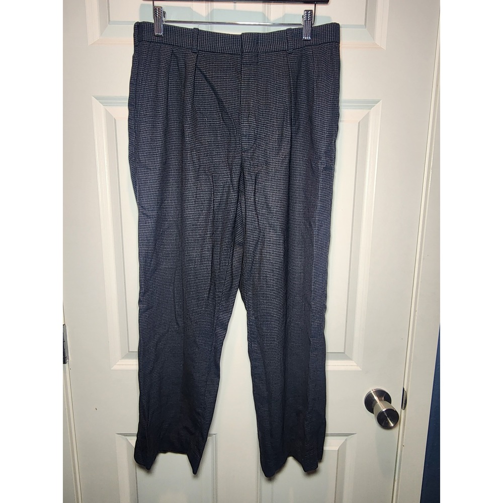 Vintage Lands End 100% Wool Trousers Mens 32 Pleated Grey/Blue Check Made in USA